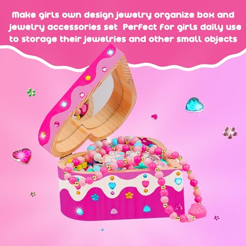 JOTIKO Paint Your Own Jewelry Box & Bracelets Making kit - Art & Crafts for Girls Kids Age 4-8 Christmas Birthday Gifts, 250 PCS Wooden Beads & Cute JOTIKO