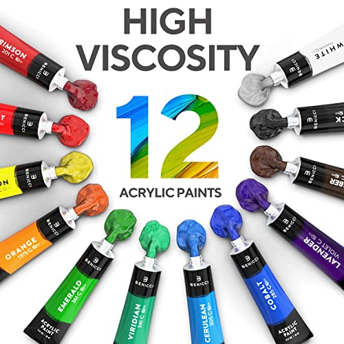 Acrylic Paint Set for Kids, Artists and Adults - 12 Vibrant Colors, 6 Brushes and 3 Paint Canvases - Perfect for Beginners or Professionals Benicci