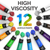 Acrylic Paint Set for Kids, Artists and Adults - 12 Vibrant Colors, 6 Brushes and 3 Paint Canvases - Perfect for Beginners or Professionals Benicci