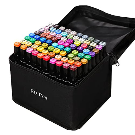ZECHOMA 80 Colors Alcohol Markers Artist Drawing Art Dual Tip Markers Perfect for Kids Boys Girls Students Adult(80 Black Shell) ZECHOMA