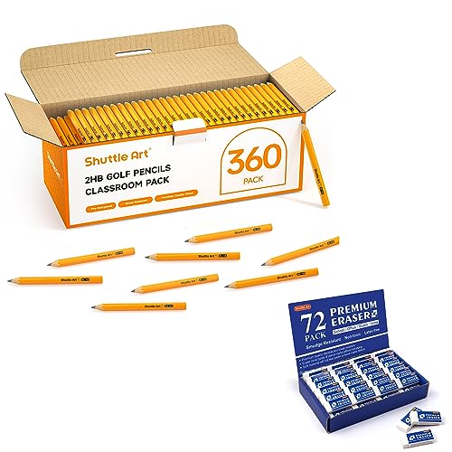 Shuttle Art #2 HB Golf Pencils and Erasers Bundle, Set of 360 Pack Bulk Golf Pencils + 72 Pack White Erasers Bulk - WoodArtSupply