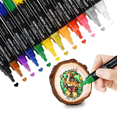 12 Colors Acrylic Paint Pens Set , Medium Tip Permanent Markers for Rock Painting , Canvas, Tires, Wood, Metal, Scrapbooking, Fabric, Glass,