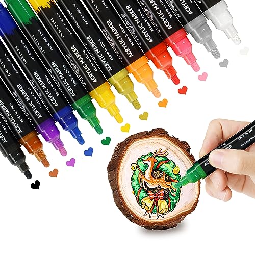 12 Colors Acrylic Paint Pens Set , Medium Tip Permanent Markers for Rock Painting , Canvas, Tires, Wood, Metal, Scrapbooking, Fabric, Glass, - WoodArtSupply