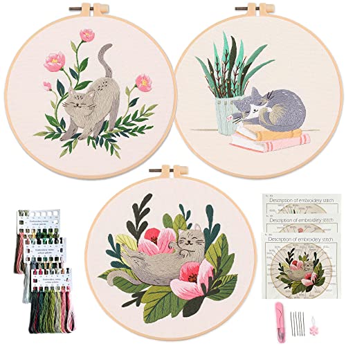 Myfelicity Cat Embroidery Kit 3 Patterns Fabric Threads Needles Hoops Instructions - WoodArtSupply