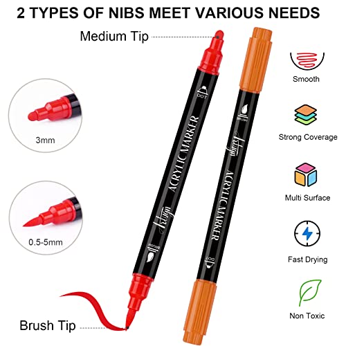 24 Colors Acrylic Paint Pens, Dual Tip Pens With Medium Tip and Brush Tip for Rock Painting, Ceramic, Wood, Plastic, Calligraphy, Scrapbooking, Brush Artugn