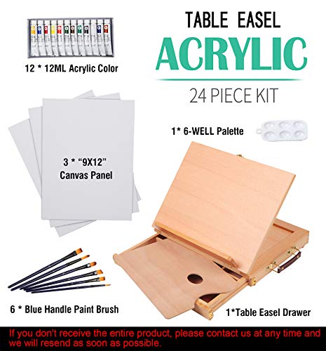 Falling in Art Tabletop Easel Set - 24 Pieces Starter Kit - Artist Acrylic Painting Kit with 12 Acrylic Paints Set, Canvas Panels, Brushes, Wooden - WoodArtSupply