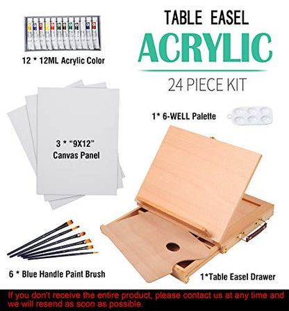 Falling in Art Tabletop Easel Set - 24 Pieces Starter Kit - Artist Acrylic Painting Kit with 12 Acrylic Paints Set, Canvas Panels, Brushes, Wooden - WoodArtSupply