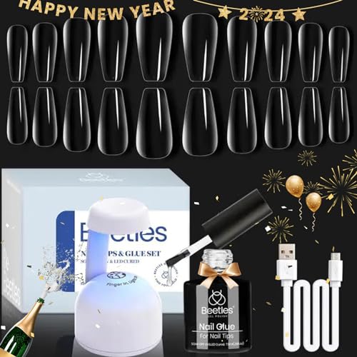 Beetles Gel Nail Kit Easy Nail Extension Set With 500Pcs Medium Coffin Shaped Tips 5 in 1 Nail Glue Base Gel and Innovative Led Lamp Easy Funny Diy beetles Gel Polish