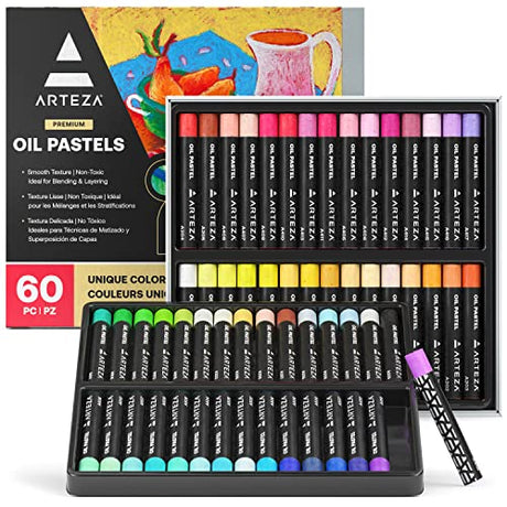 ARTEZA Oil Pastels for Artists, 60 Soft Oil Pastels in Assorted Colors, Artist Supplies for Blending and Smoothing, for Beginners and Professional ARTEZA