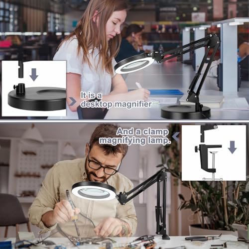 10X Magnifying Glass with Light, Krstlv Upgrade Button 5 Color Modes Stepless Dimmable 2-in-1 LED Lighted Desk Lamp & Clamp, Hands Free Magnifier Krstlv