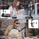 10X Magnifying Glass with Light, Krstlv Upgrade Button 5 Color Modes Stepless Dimmable 2-in-1 LED Lighted Desk Lamp & Clamp, Hands Free Magnifier Krstlv