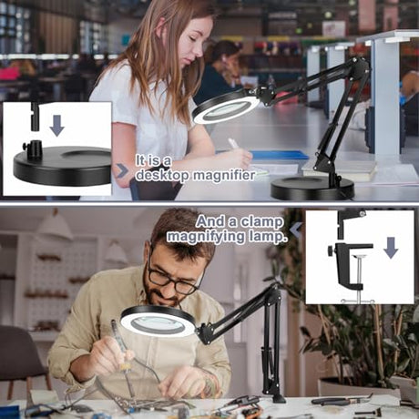 10X Magnifying Glass with Light, Krstlv Upgrade Button 5 Color Modes Stepless Dimmable 2-in-1 LED Lighted Desk Lamp & Clamp, Hands Free Magnifier Krstlv