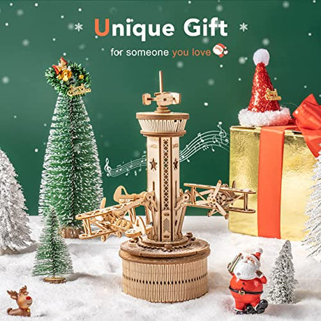 ROKR Airplane Control Tower 3D Wooden Puzzle Music Box - DIY Mechanical Model Kit for Adults and Kids ROKR