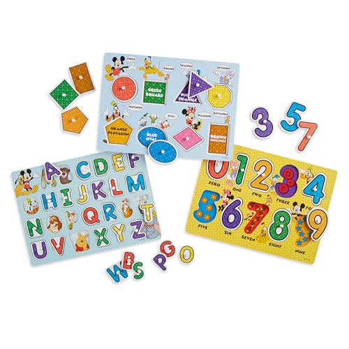 Melissa & Doug Disney Wooden Peg Puzzles Set: Letters, Numbers, and Shapes and Colors - Letters And Number Puzzles, Disney Puzzles, Wooden Puzzles Melissa & Doug