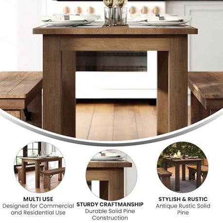 Merrick Lane Jessamine 46" x 30" Rectangular Antique Rustic Solid Pine Farm Dining Table Merrick Lane