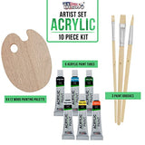 U.S. Art Supply Artist Painting Set with 6 Vivid Acrylic Paint Colors, Wood Painting Palette, 3 Brushes - Basic Artwork Project Essentials - Fun US Art Supply