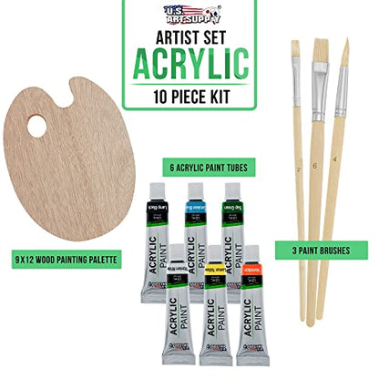 U.S. Art Supply Artist Painting Set with 6 Vivid Acrylic Paint Colors, Wood Painting Palette, 3 Brushes - Basic Artwork Project Essentials - Fun - WoodArtSupply