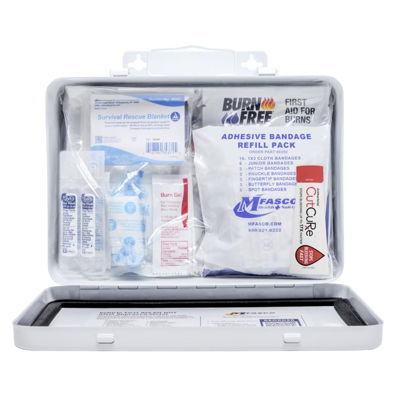 MFASCO Vehicle First Aid Kit - Compact Metal Kit - Portable & Mountable - Safety Kit for Commercial Vehicles & Workplace - DOT ANSI OSHA Compliant - MFASCO
