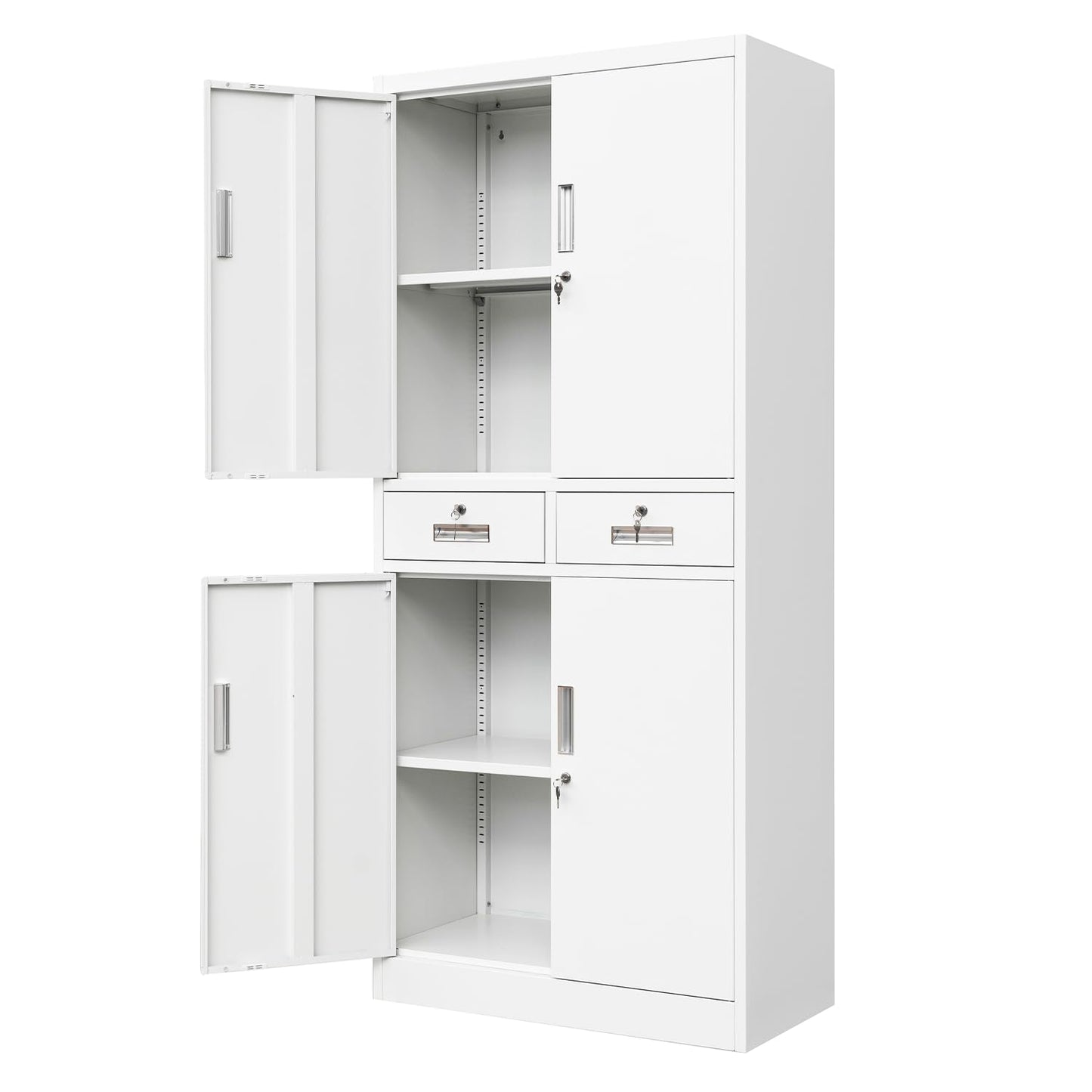 CJF Metal Storage Cabinet with Adjustable Shelves and Drawers, Locking Pantry Storage Cabinet for Office, Garage, Home, School, Utility (White) - WoodArtSupply