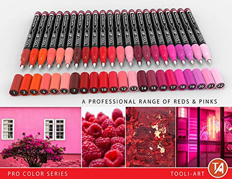Acrylic Paint Pens 22 Red & Pink Tones Assorted Pro Color Series Markers Set 0.7mm Extra Fine Tip for Rock Painting, Glass, Mugs, Wood, Metal, TOOLI-ART