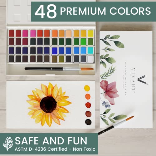 Watercolor Paint Set with 48 Premium Colors, 2 Artist Paint Brushes, 20-Sheet Paper Pad, Bonus Watercolor eBook Vivart