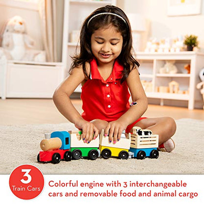 Melissa & Doug Wooden Farm Train Set - Classic Wooden Toy (3 linking cars) - WoodArtSupply