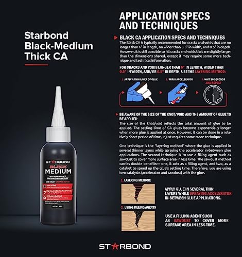 Starbond 2 oz. Black Medium-Thick CA Glue (Premium Cyanoacrylate Super Glue) Knot Filler 500 CPS Viscosity for Woodworking, Woodturning, Carpentry, Starbond