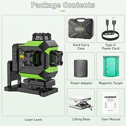 Huepar 4x360 Laser Level Self-leveling 4D Green Beam Cross Line 16 Lines Tiling Floor Laser Tool -2x360 Horizontal/Vertical Laser Lines -rechargeable - WoodArtSupply