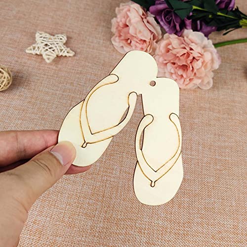 Creaides 12pcs Slipper Wood DIY Crafts Cutouts Wooden Flip Flop Shaped Hanging Ornaments with Hole Hemp Ropes Gift Tags for Hawaii Summer Holiday