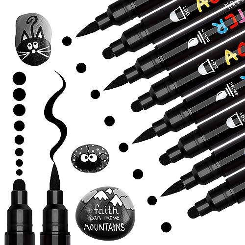 Tesquio Black Paint Marker, 8 Pack Dual Tip Acrylic Paint Pens with Medium Tip and Brush Tip, Ideal for Wood, Rock Painting, Canvas, Stone, Glass,