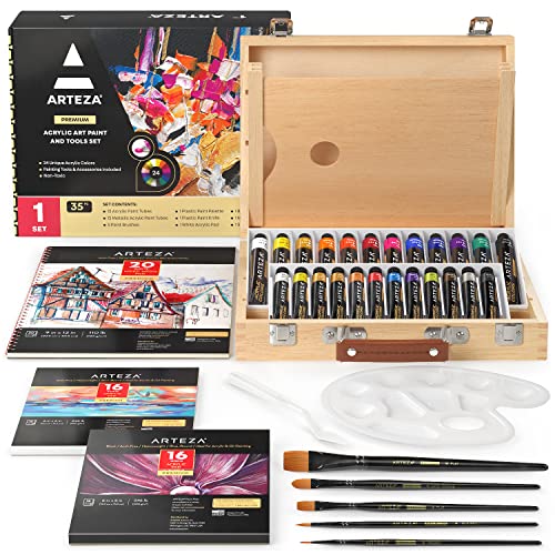 ARTEZA Acrylic Paint Set, 35-Piece Art Set, Includes 24 Acrylic Paints, 5 Brushes, 1 Paint Palette, 1 Paint Knife, 3 Painting Pads, and Storage Case, ARTEZA