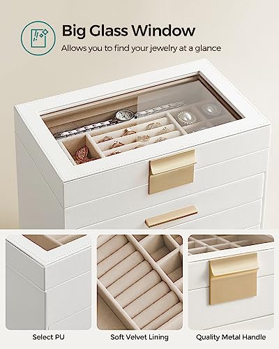 SONGMICS Jewelry Box with Glass Lid, 6-Layer Jewelry Organizer, 5 Drawers, for Sunglasses, Big Jewelry, Jewelry Storage, Modern Style, Cloud White SONGMICS