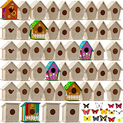 Kisston 96 Pcs Wooden Bird House Kits for Kids Christmas Crafts Bird House for Children to Build DIY Birdhouse in 6 Shapes and Stereoscopic Butterfly