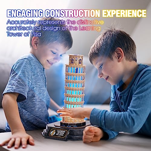 CubicFun 3D Puzzle LED Leaning Tower of Pisa with Colorful Lights 3D Puzzles for Adults Model Kits Italian Building Crafts for Adults Brain Teaser - WoodArtSupply