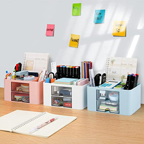LETURE Desk Organizer with 2 Drawer, Plastic Desktop Pen Pencil Card Holder Storage Box for Desk, Office Supplies, Vanity Table Office School Home LETURE