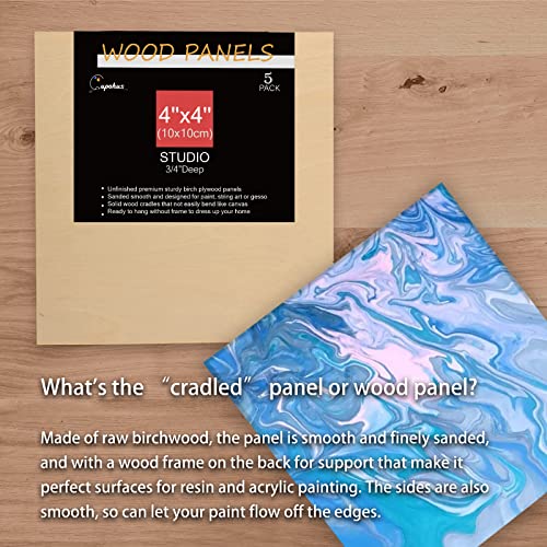 Unfinished Wood Boards Canvas for Painting, 5 Packs 3/4’’ Deep Cupohus 4’’ x 4’’ Wooden Cradled Panels for Pouring Art, Crfats, Paints and More Cupohus