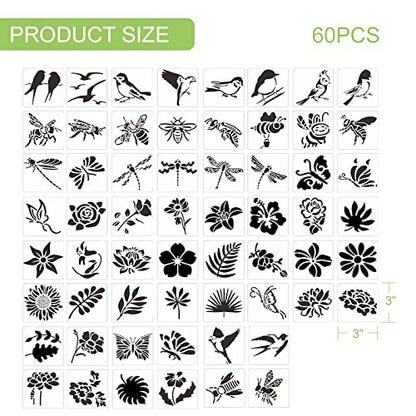 60 PCS Wood Burning Stencils for Crafts Painting on Wood Flowering Plants Bee Butterfly Pattern Stencil for Art Projects Scrapbooking Drawing Wall