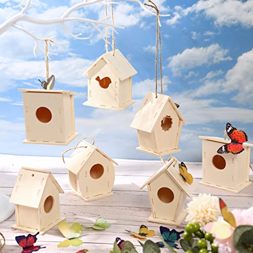 Kisston 96 Pcs Wooden Bird House Kits for Kids Christmas Crafts Bird House for Children to Build DIY Birdhouse in 6 Shapes and Stereoscopic Butterfly Kisston