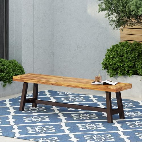 Christopher Knight Home Carlisle Outdoor Acacia Wood and Rustic Metal Bench, Sandblast Finish / Rustic Metal 14. 75 x 63 x 17. 50 inches Christopher Knight Home