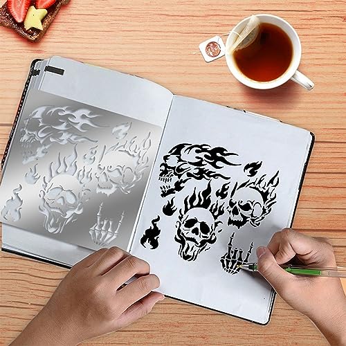 ORIGACH 6x6 inch Metal Skull Stencil Fire Skull Pyrography Stencils Template for Halloween Wood Carving, Drawings and Woodburning, Engraving and ORIGACH