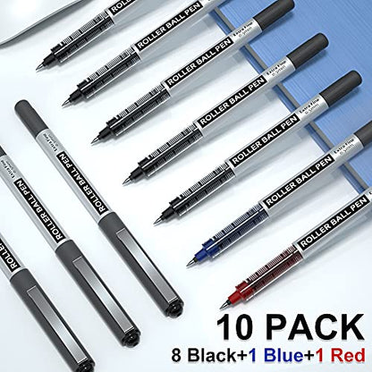 Shuttle Art Rollerball Pens, 10 Pack(8 black 1 blue 1 red) Liquid Ink Pens, 0.5mm Extra Fine Point, Quick Drying for Writing Journaling Taking Notes