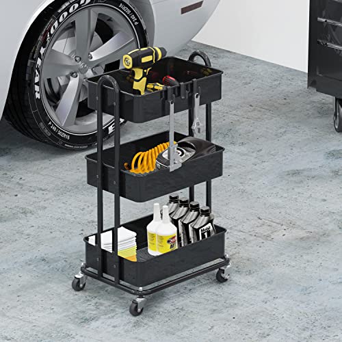 SimpleHouseware Heavy Duty 3-Tier Metal Utility Rolling Cart, Black Simple Houseware