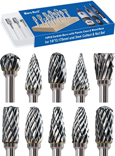 Mars-Rock Carbide Burr Set Compatible with Dremel Milwaukee 1/8" Shank 10PCS w/Wood Base Die Grinder Rotary Tool Rasp Bits Accessories Attachments Mars-Rock