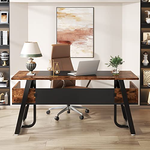 Tribesigns 63 Inches Desk with Bottom Shelves, Large Executive Desk, Computer Desk for Home Office, Business Workstation, Color Combination Table, Tribesigns