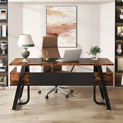 Tribesigns 63 Inches Desk with Bottom Shelves, Large Executive Desk, Computer Desk for Home Office, Business Workstation, Color Combination Table, - WoodArtSupply