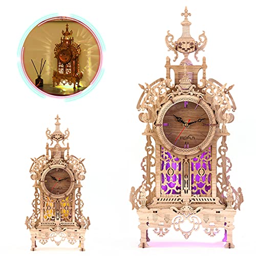 FUNPOLA 3D Wood Puzzle LED Tower Clock Model, 3D Puzzle Building Model Desktop Clock Model DIY Architectural Building Blocks (LED-TC01 Wood) FUNPOLA