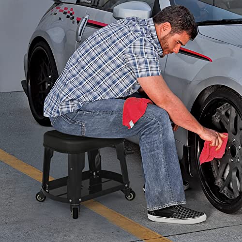 M-AUTO Heavy Duty Garage Rolling Work Seat 300LBS Capacity Mechanics Stool with Wheels, Rolling Work Seat with Equipment Tray and Tool Rack,