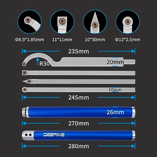 DEEFIINE Carbide Tip Wood Lathe Turning Tool Kit, Lathe Roughing and Finishing Hollow Tool Interchangeable Aluminum Alloy Handle with Diamond Round - WoodArtSupply