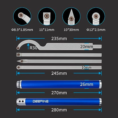 DEEFIINE Carbide Tip Wood Lathe Turning Tool Kit, Lathe Roughing and Finishing Hollow Tool Interchangeable Aluminum Alloy Handle with Diamond Round - WoodArtSupply