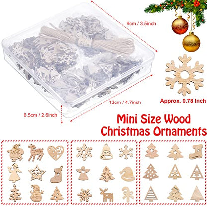 Unfinished Wood Christmas Ornaments Mini Wooden Christmas Tree Ornaments Blank Cutouts with Storage Box and Twine for Crafts Christmas Tree Hanging